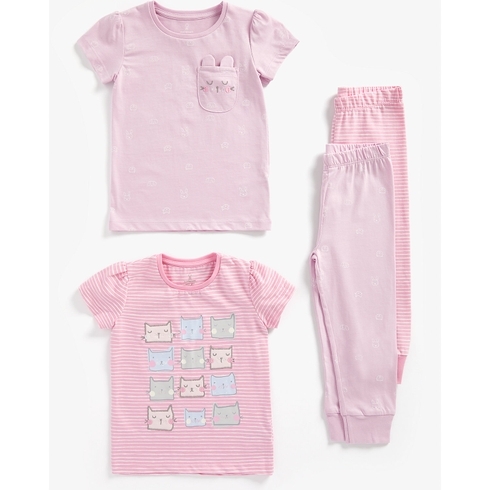 Girls Half Sleeves Pyjama Set 3D Cat Details - Pack Of 2 - Pink