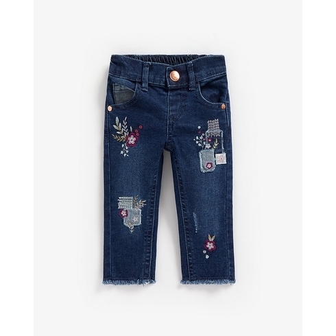 Girls Jeans Floral Embroidery - Blue