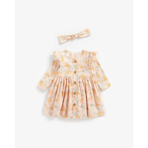 Girls Full Sleeves Dress With Headband Floral Print - Multicolor