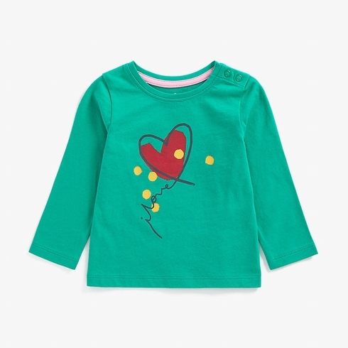 Girls Full Sleeves T-Shirt Heart Print - Green