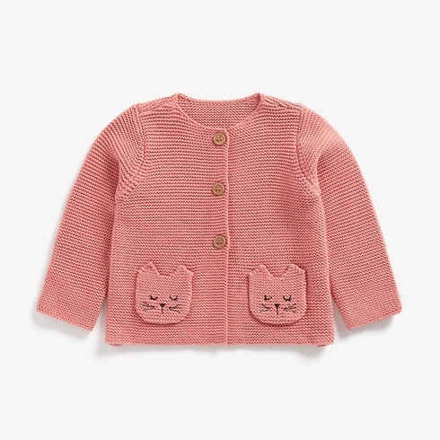 Girls Full Sleeves Cardigan Embroidered Cat Pockets - Pink