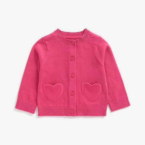 Girls Full Sleeves Cardigan Heart Shaped Pocket - Pink
