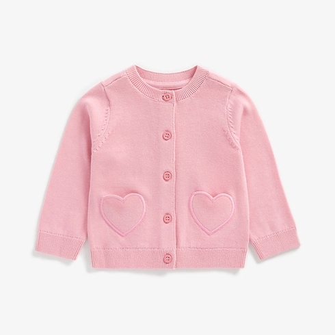 Girls Full Sleeves Cardigan Heart Shaped Pocket - Light Pink