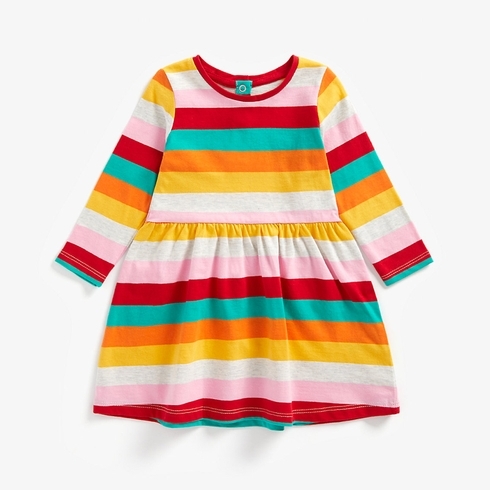 Girls Full Sleeves Dress Rainbow Stripes - Multicolor