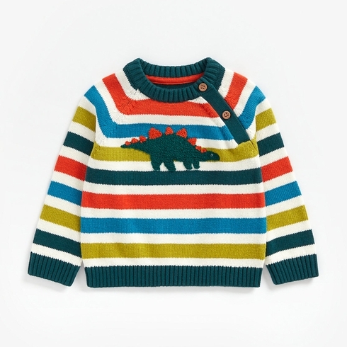 Boys Full Sleeves Sweater Textured Dino Design - Multicolor