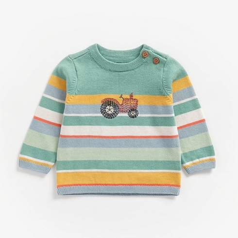Boys Full Sleeves Sweater Tractor Embroidery - Multicolor