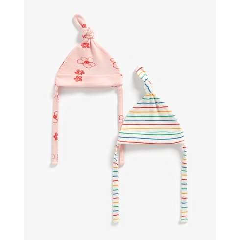 Girls Top-Knot Hats Striped And Flower Print - Pack Of 2 - Multicolor