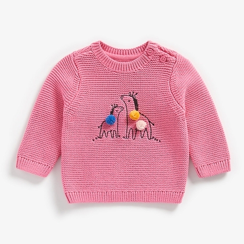 Girls Full Sleeves Sweater Zebra Embroidery And Pom Pom Details - Pink