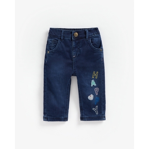 Girls Jeans Text Embroidery - Blue