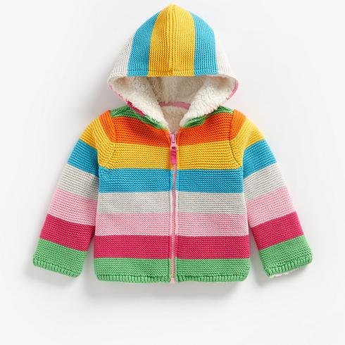 Girls Full Sleeves Hooded Sweater Rainbow Stripes - Multicolor