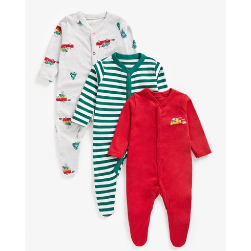 Boys Full Sleeves Sleepsuits Vehicle &Amp; Striped-Pack Of 3-Multicolor