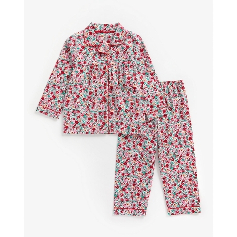 Girls Full Sleeves Pyjama Set Floral Print - Red