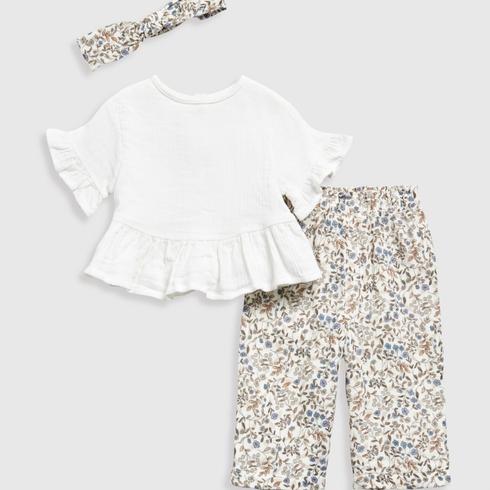 Mothercare Girls Soft Heritage Woven Top, Trousers and Headband 3-Piece Set - Cream