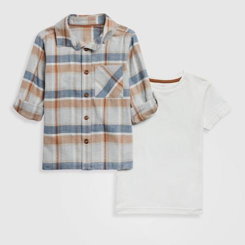 Mothercare Boys 100% Cotton Checked Shirt and T-Shirt 2-Piece Set - Grey