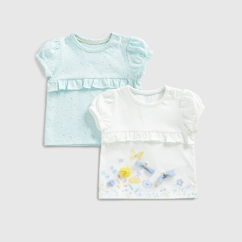 Mothercare Girls Half Sleeve Round Neck Tee Butterfly-Pack Of 2-Blue