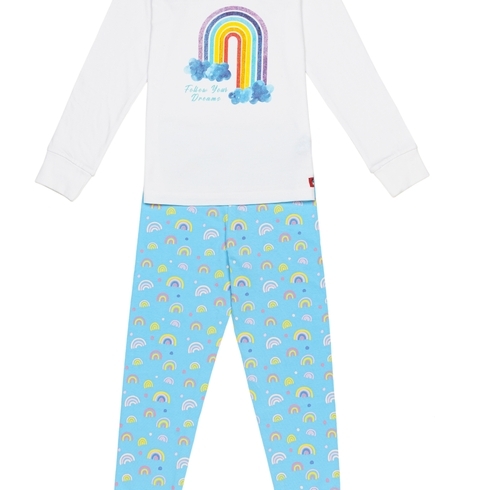 H by Hamleys Girls Full Sleeves Pyjama Set Rainbow Print -Blue