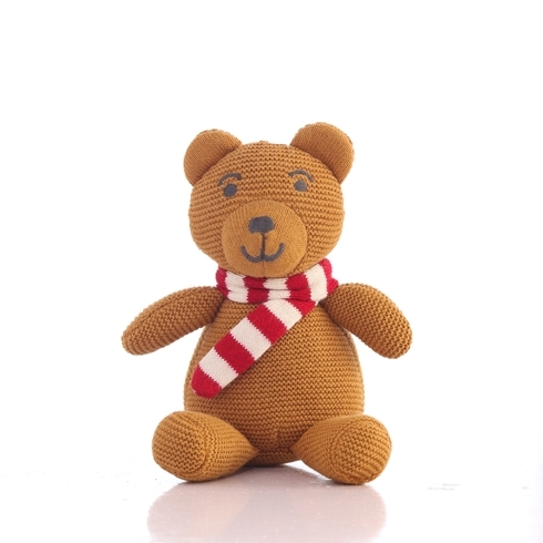 Pluchi Baby Bear Knitted Soft Toy Mustard & Red