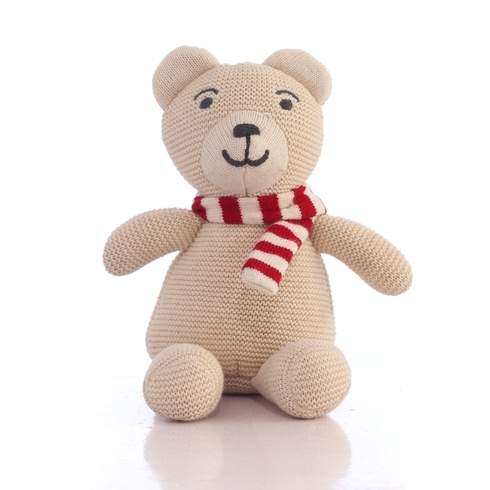 Pluchu Baby Bear Knitted Soft Toy Natural &Amp; Red