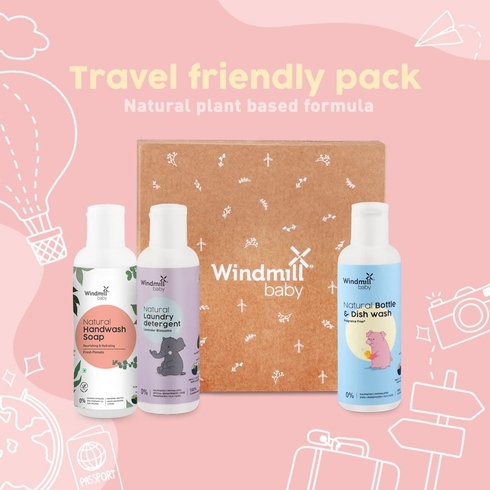 Windmill Baby Natural Cleaning Travel Pack (Bottle Wash 100Ml + Lavender Blossoms Laundry Detergent 100Ml + Fresh Pomelo Hand Wash 100Ml)