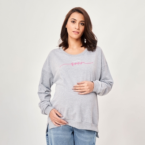 Ed-A-Mamma  Women Chest Printed Full Sleeves Sweatshirt -Grey