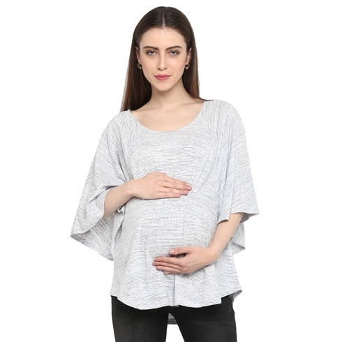 Women Maternity Half Sleeves Top Striped - White
