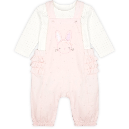Girls Full Sleeves Cord Dungaree Set Bunny Embroidery With Frill Details - Pink