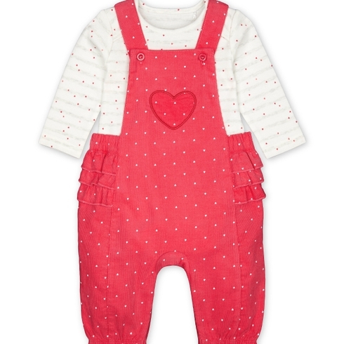 Girls Full Sleeves Cord Dungaree Set Polka Dot Print With Frill Details - Pink White