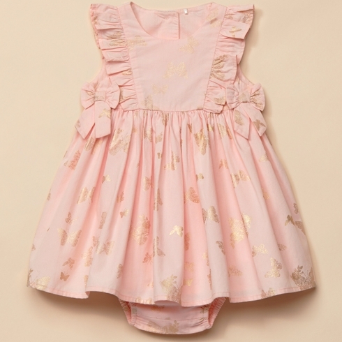 Girls Sleeveless Dress With Knickers Glitter Butterfly Print - Pink