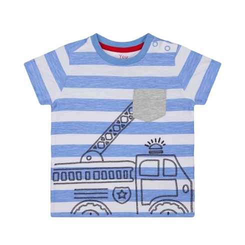 Boys Half Sleeves T-Shirt Stripe And Truck Print - Blue