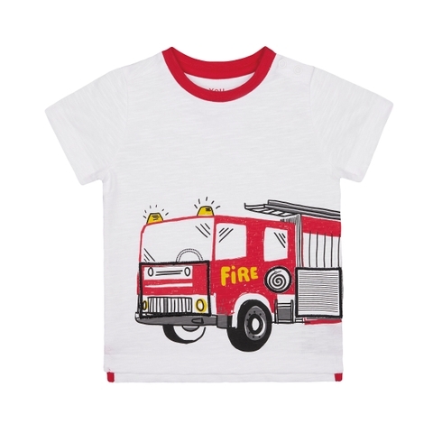 Boys Half Sleeves T-Shirt Fire Engine Print With Flaps - White