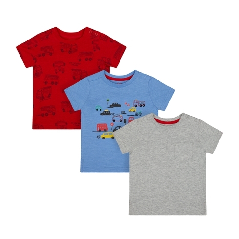 Boys Half Sleeves T-Shirt Vehicle Print - Pack Of 3 - Grey Blue Red