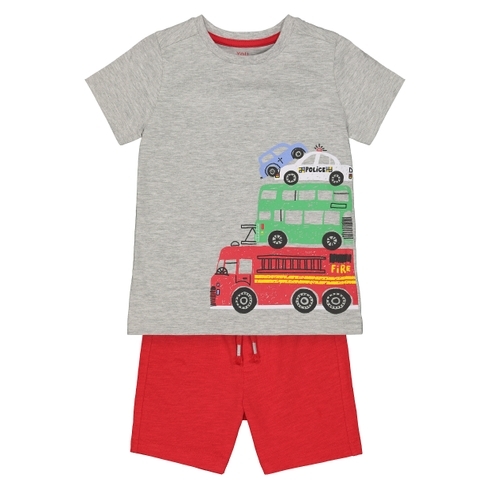 Boys Half Sleeves T-Shirt And Shorts Set Vehicle Print - Red Grey