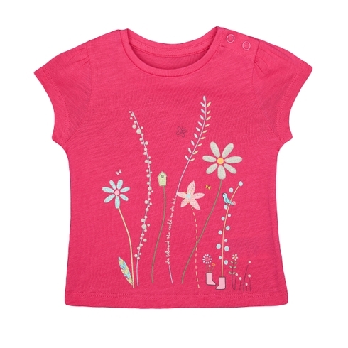 Girls Half Sleeves T-Shirt Glitter Floral Print - Pink