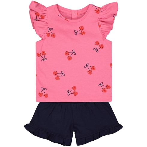 Girls Half Sleeves T-Shirt And Shorts Set Heart Print - Pink Navy