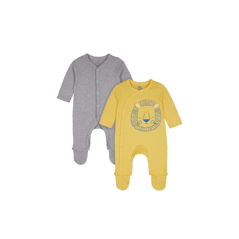 Boys Full Sleeves Romper Lion Print With 3D Ears - Pack Of 2 - Grey Yellow