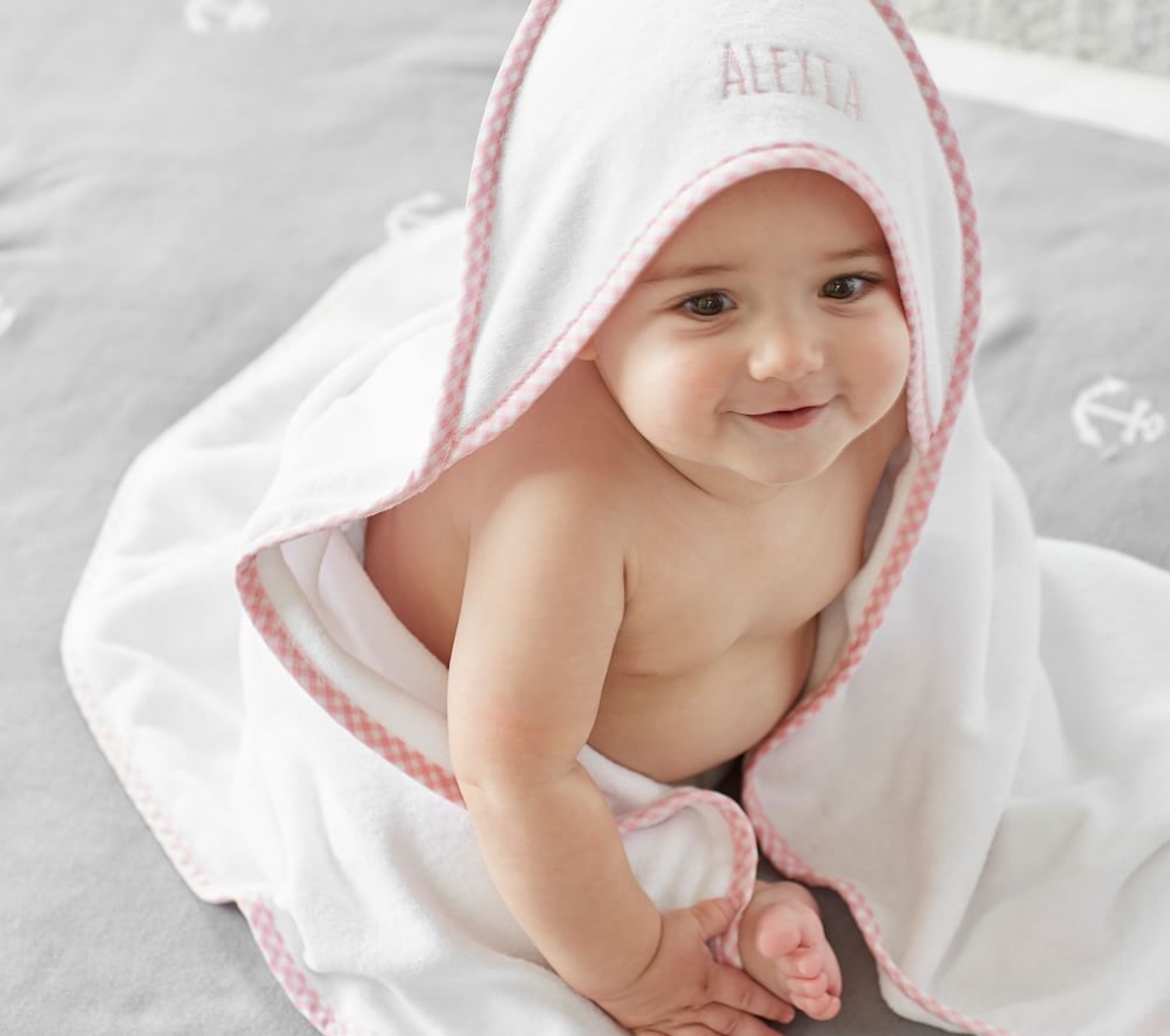 Pottery Barn Kids Gingham Baby Hooded Towel & Washcloths Set