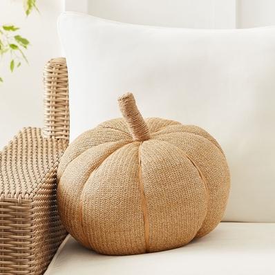 Pumpkin Shaped Indoor/Outdoor Pillow, 9" x 15" x 4", Natural