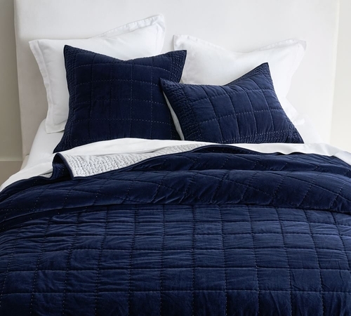 Velvet Handcrafted Box Stitch Quilted Sham, Navy