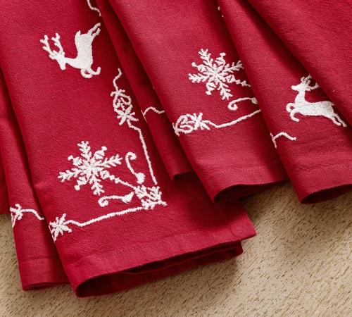 Reindeer Embroidered Cotton Napkins - Set of 4