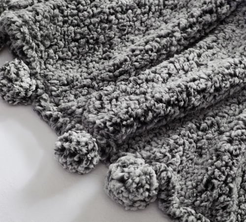 Cozy Pom Pom Sherpa Throw, 50 x 60", Heathered Gray