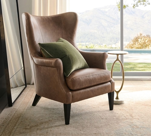 Champlain Wingback Leather Armchair, Polyester Wrapped Cushions, Statesville Toffee