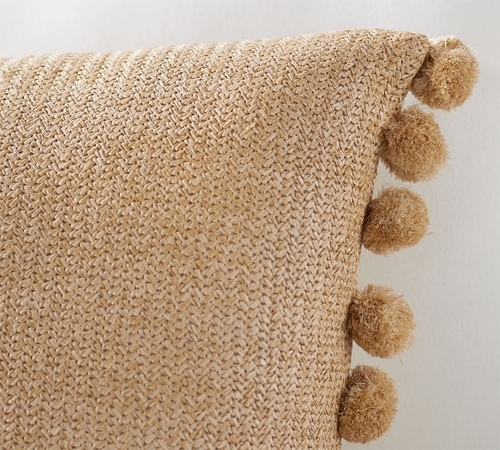 Faux Natural Fiber Pom Pom Indoor-Outdoor Pillow