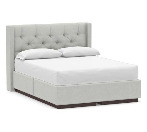 Harper Tufted Upholstered Low Headboard and Side Storage Platform Bed & without Nailheads, Basketweave Slub Ash