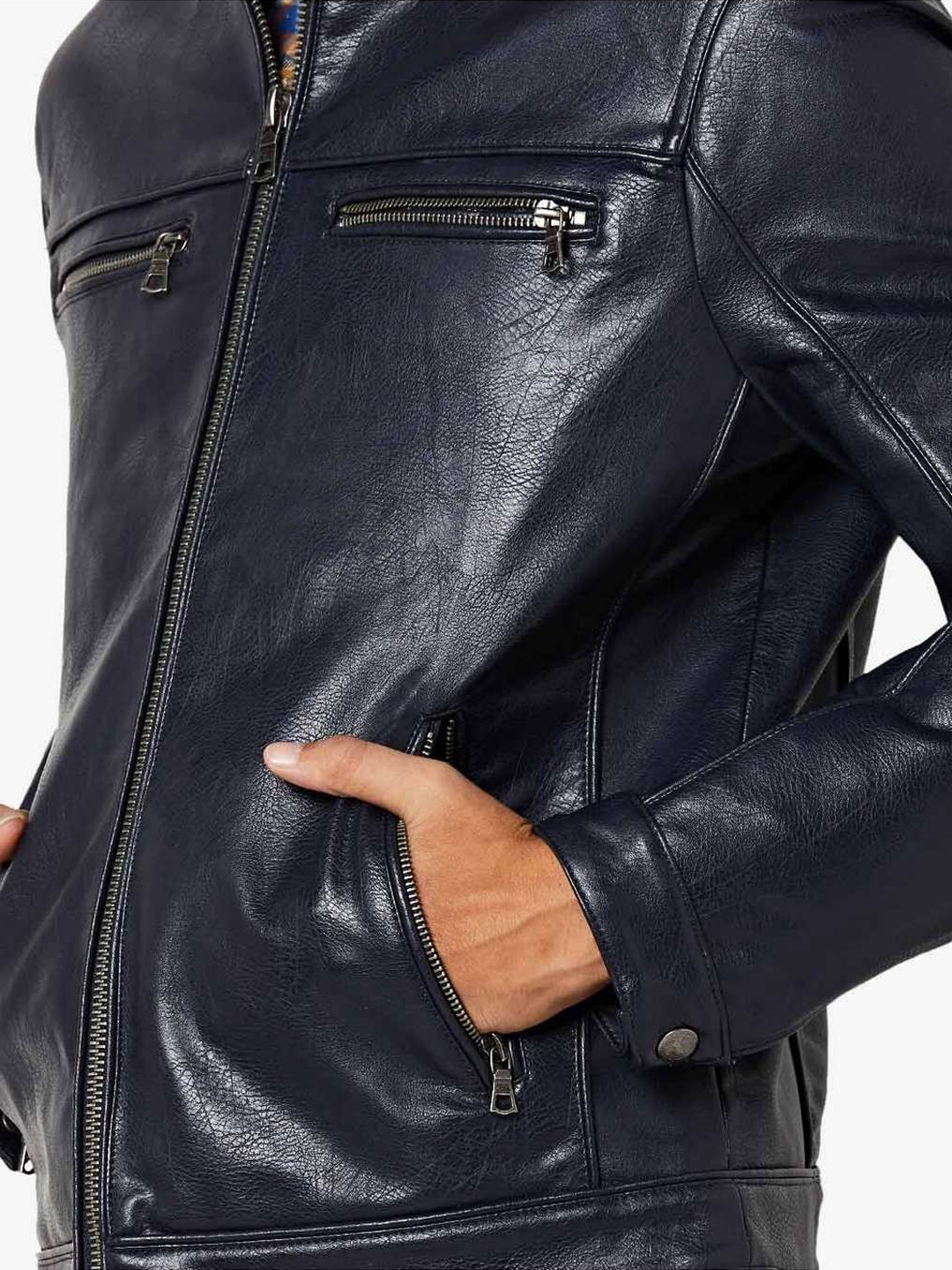 Slim Fit Biker Jacket with Band Collar