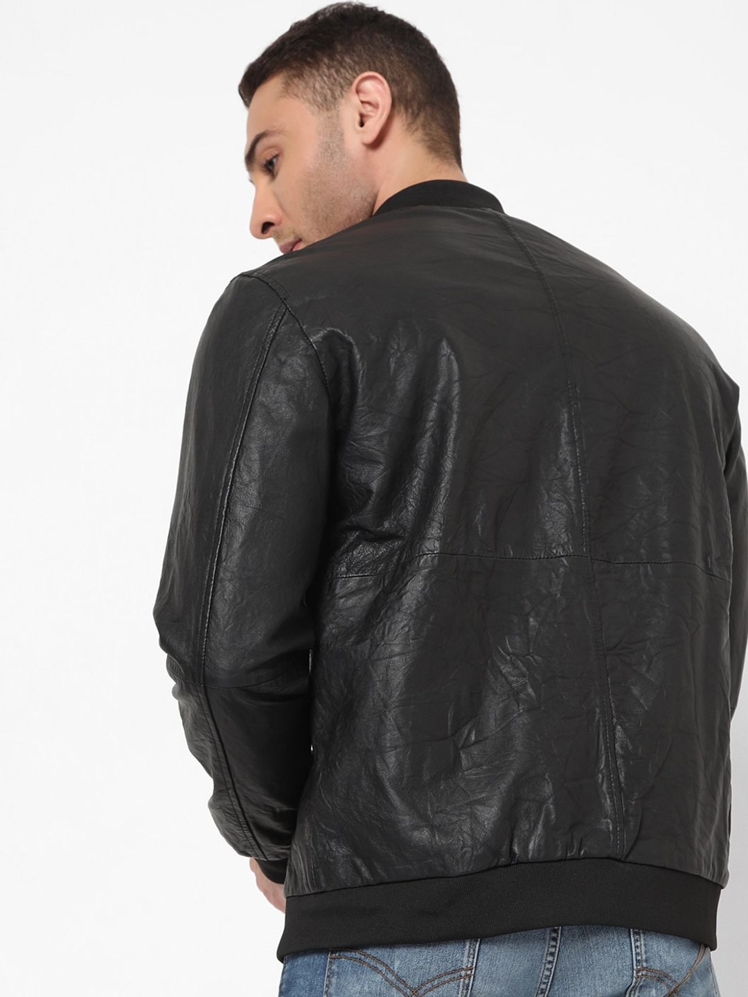 Leather Bomber Jacket with Insert Pockets