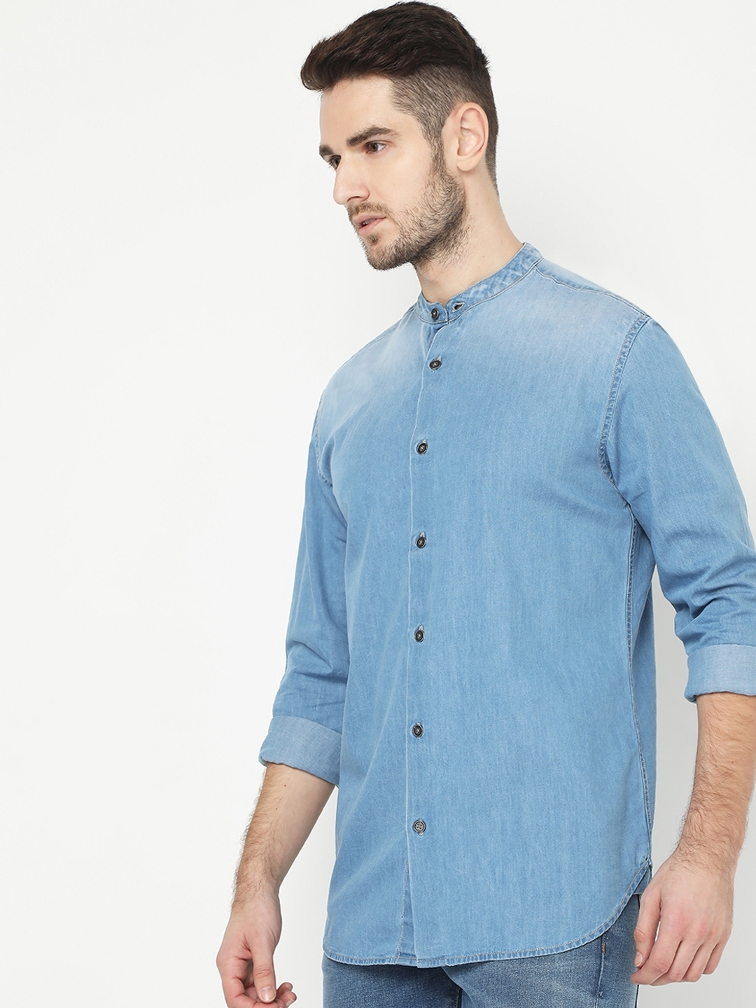 Mens Casual Denim Denim Shirts For Men With Mao Neck Mandarin Collar  Fashionable Long Sleeve Blouse For Casual And Formal Occasions D40 From  Blairi, $16.24 | DHgate.Com