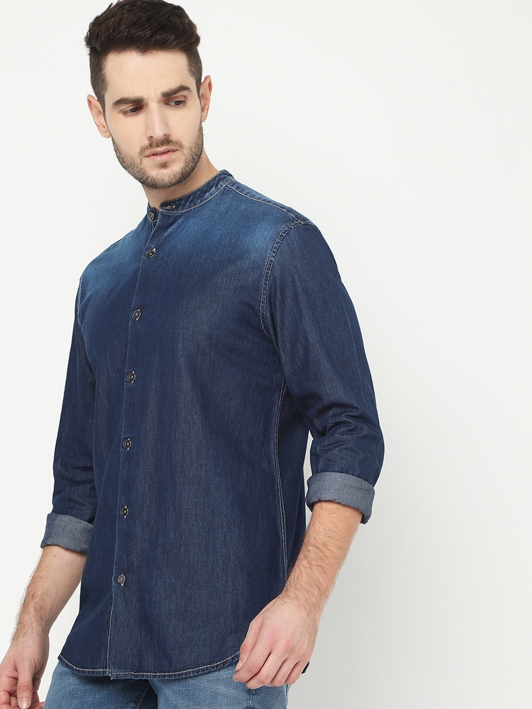 Men's Mandarin Collar Dark Wash Denim Shirt