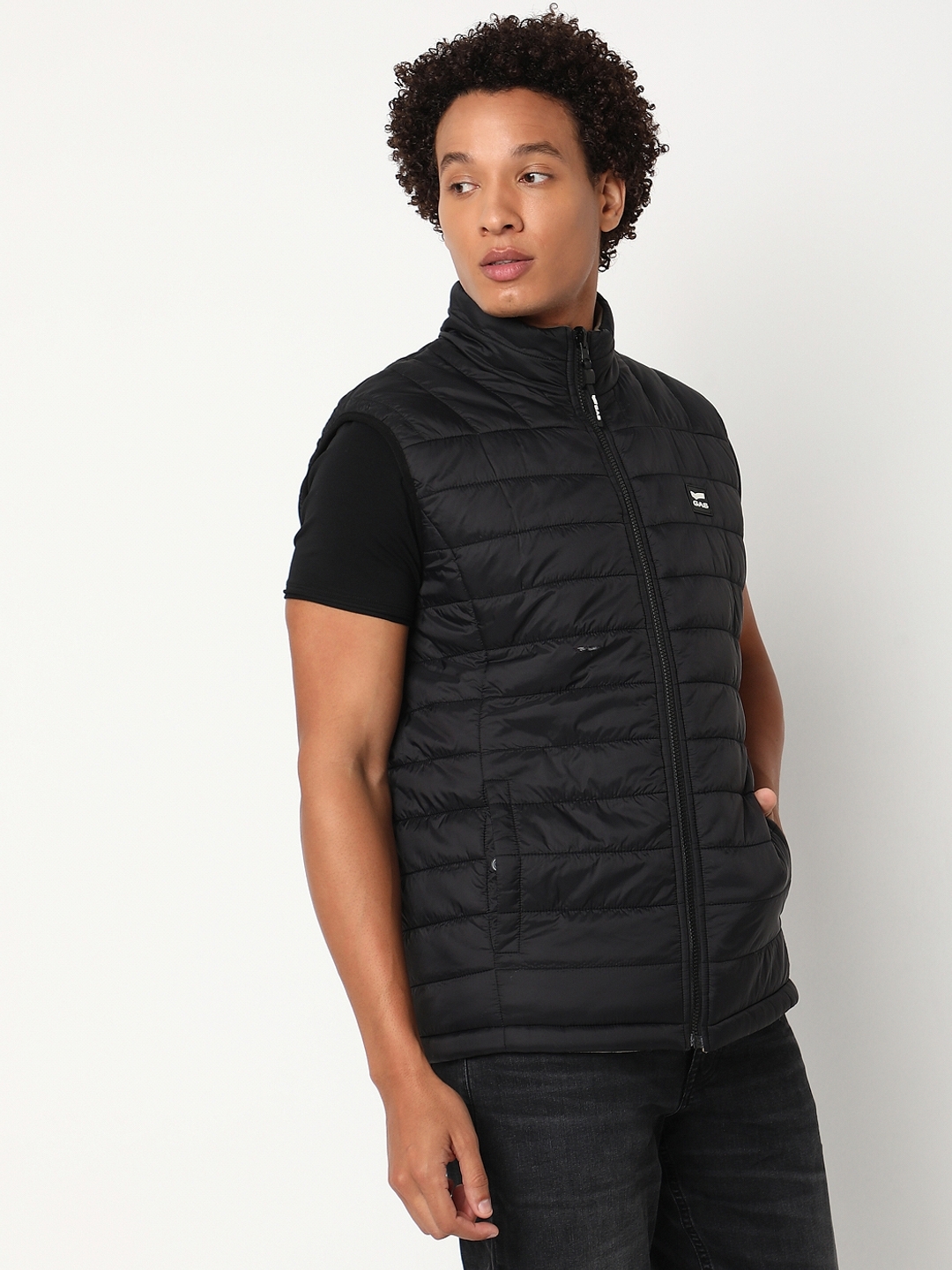 Regular Fit Sleeveless High Gilet Neck Solid Nylon Jacket