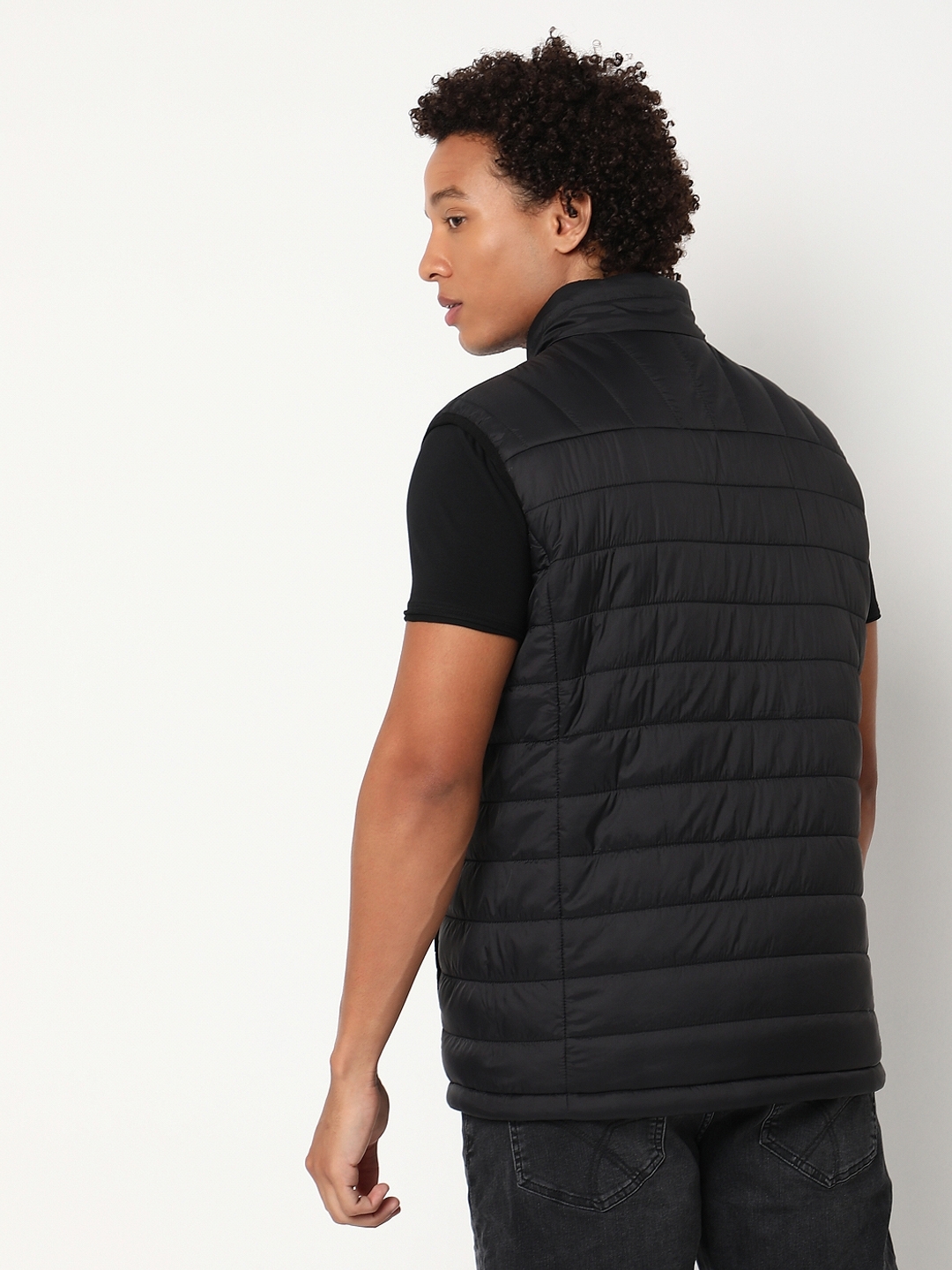 Regular Fit Sleeveless High Gilet Neck Solid Nylon Jacket