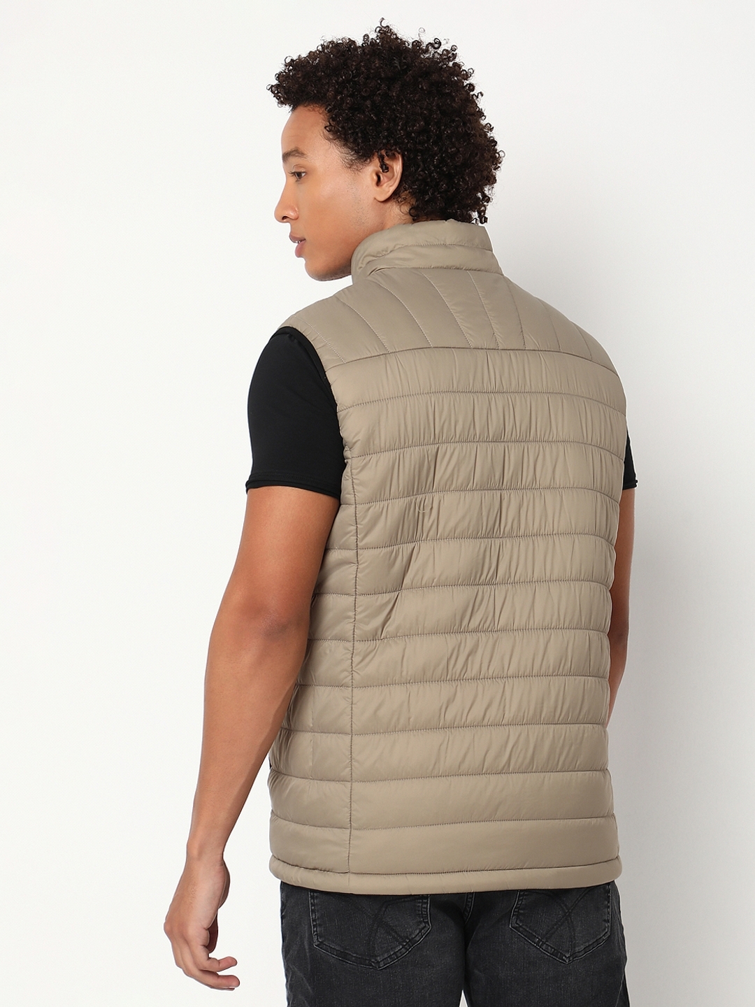 Regular Fit Sleeveless High Gilet Neck Solid Nylon Jacket